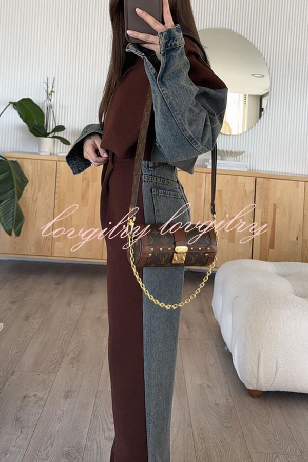 Sports Fashion Denim Patchwork Sweatshirt Fabric High Rise Pocket Loose Pants