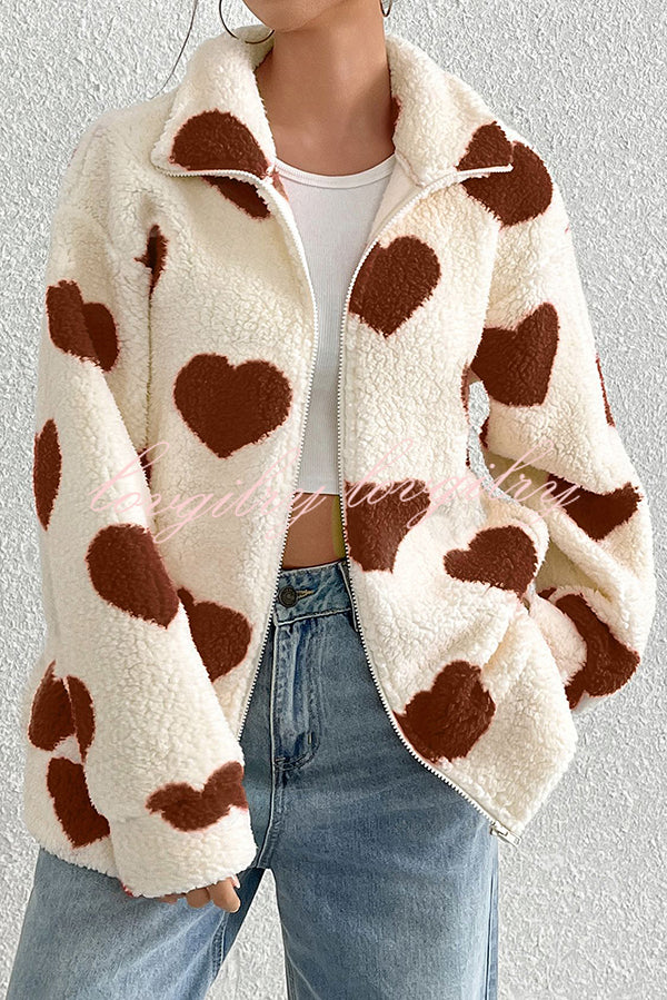 Fashion Plush Heart Print Loose Pocket Long Sleeve Zipper Jacket