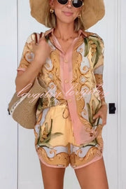 Royalty Unique Print Button Up Short Sleeve Shirt and Elastic Waist Pocketed Loose Shorts Set