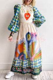 Dear To My Heart Unique Print Lantern Sleeve A-line Midi Dress