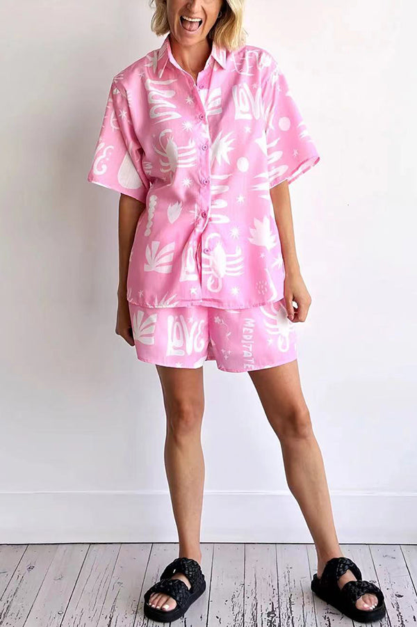 Sunday Mornings Unique Print Short Sleeve Top and Elastic Waist Loose Shorts Set