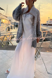 Warm Shining Heart Knit Sequin Balloon Sleeve Zipper Neck Loose Cardigan