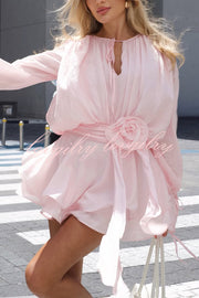 Solid Color Long Sleeve V-Neck Lace-Up Elegant Flower Decorated Mini Dress