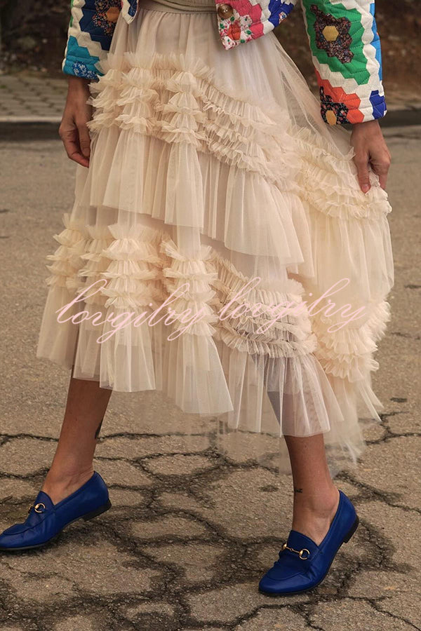 Elegant Mood Tulle Pleated Ruffle Elastic Waist Tiered Midi Skirt