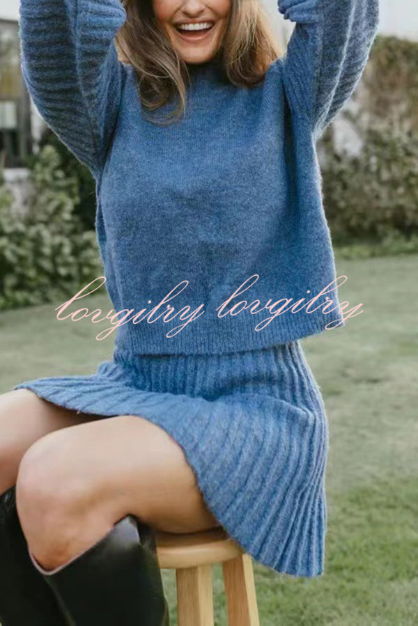 Solid Color Round Neck Puff Sleeve Loose Knit Sweater and Casual Striped Mini Skirt Set