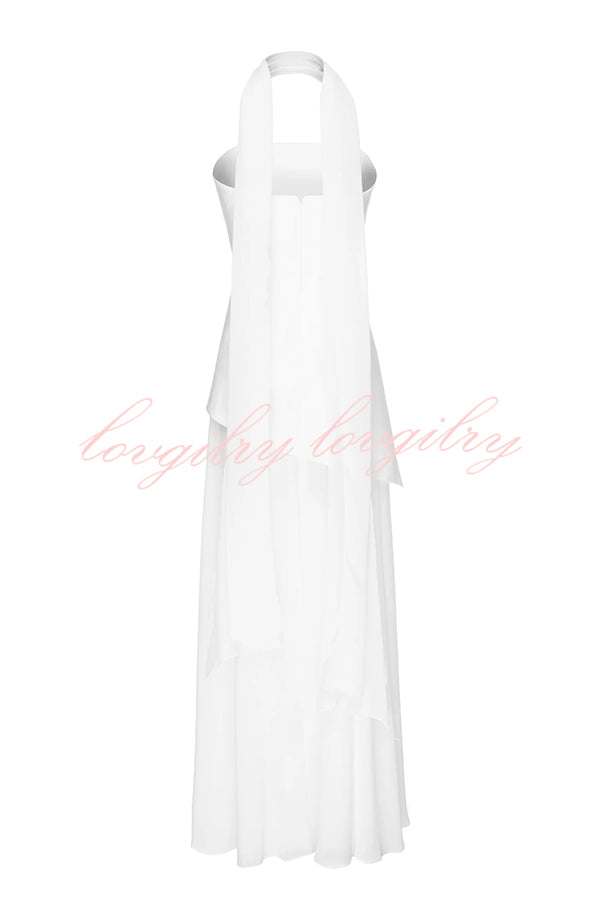 Monaco Off Shoulder Structured Top Chiffon Slit Hem Scarf Maxi Dress