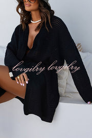 Solid Color Hollow Long Sleeve Loose Waist Tie Knitted Cardigan