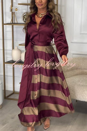 Lindsey Satin Colorblock Contrast Long Sleeve Belted Shirt Maxi Dress