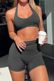 Fashionable Sports Yoga Style Halterneck Top and Stretch Slim Shorts Set