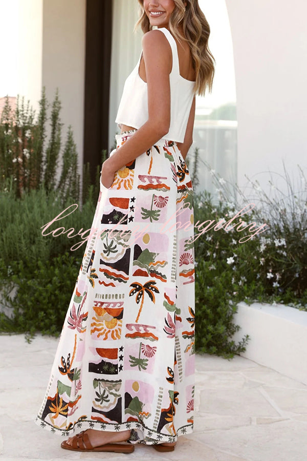 Holiday Style Holiday Print Casual Short-sleeved Shirt and Elastic Waist Loose Pocket Wide-leg Pants Set