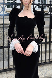 Baroque Style Velvet Lace Trim Sweetheart Neck Long Sleeve Flare Midi Dress