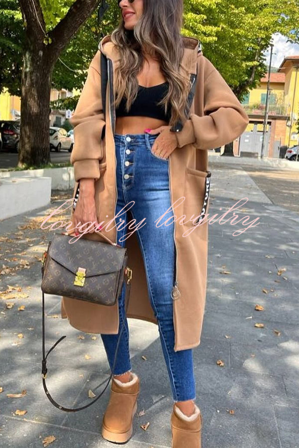 Fashionable and Casual Hooded Zipper Pocket Loose Long Coat