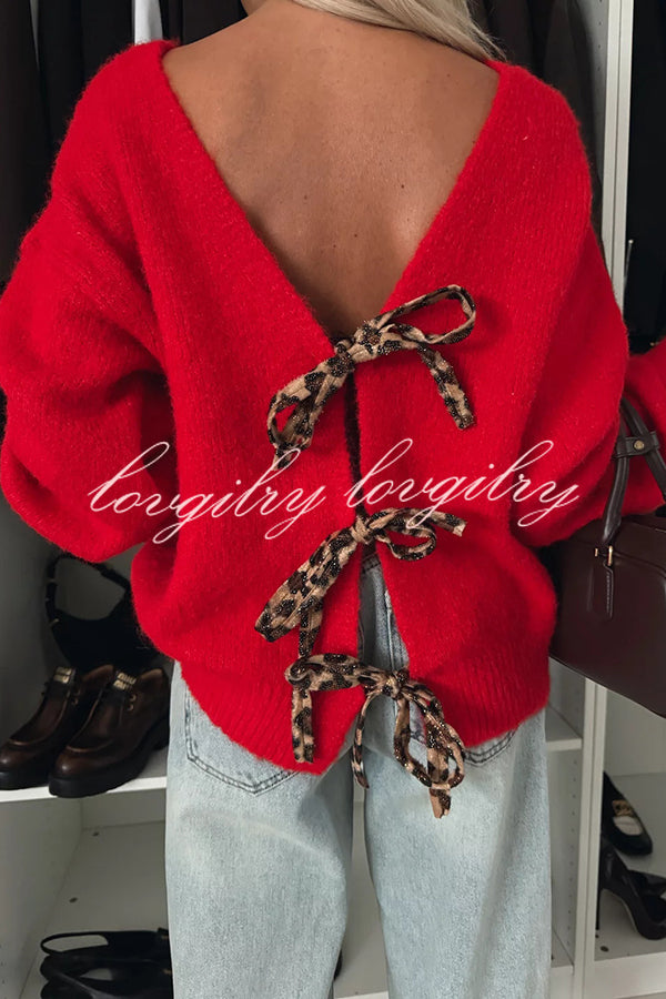 Fashionable Charm Knit Back Leopard Print Bow Tie-up Relaxed Sweater