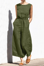 Fern Linen Blend Pocketed Button Back Elastic Waist Jumpsuit