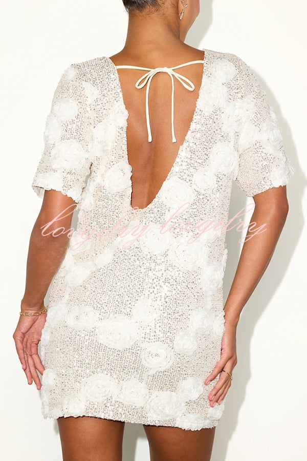 Feeling Exquisite Sequin-embellished Rose Texture Short Sleeve H-line Mini Dress