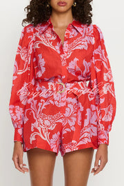 Linen Blend Botanical Print Lapel Puff Sleeve Loose Tie Casual Rompers