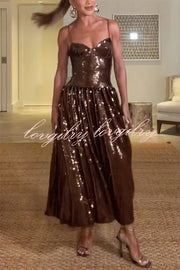 Enchanted Night Sequin Low-cut Corset Balloon Hem Slip Midi Dress