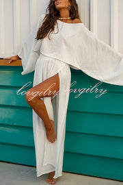 Seaside Leisure Linen Blend Solid Color Elastic Waist High Slit Maxi Skirt