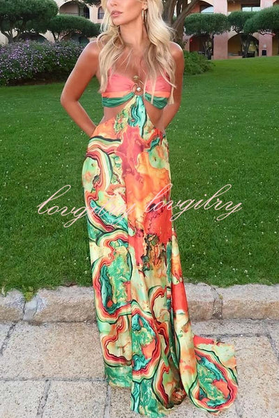 Volcanic Magma Printed Metal Decoration Cutout Back Tie-up Vacation Maxi Dress