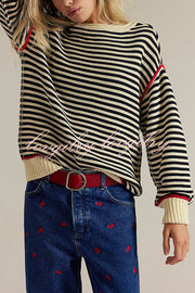 Fashion Striped Colorblock Loose Round Neck Long-sleeved Knitted Sweater