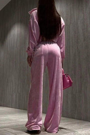 Solid Color Velvet Long-sleeved Zip-up Sweatshirt and Elastic Waist Casual Pocket Straight-leg Pants Set