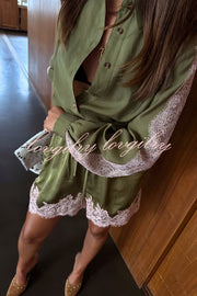 Eye-catching Work Contrast Color Lace Trim Button Up Long Sleeve Loose Blouse