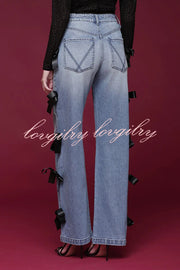 Runway Muse Denim High Rise Bow Trim Pocketed Wide Leg Jeans