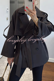 Modern Urban Dropped Shoulder Strap Button Detail Belted Lapel Loose Trench Coat