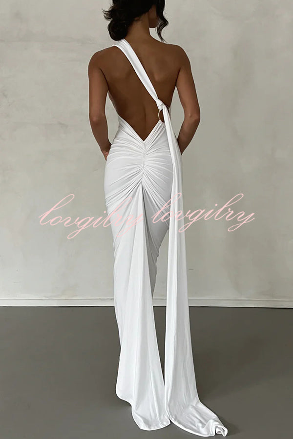 Sexy Backless Pleated Slim Solid Color Sleeveless Elegant Maxi Dress