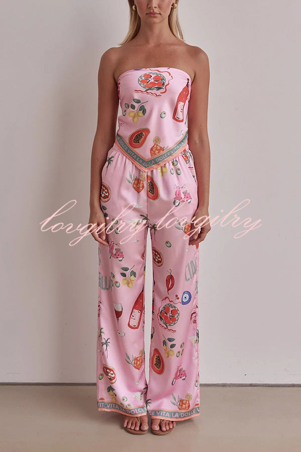 Linen Blend Unique Printed Bandeau Top and Elastic Waist Pocket Pants Set