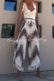 Katy Linen Blend Tie-dye Wrap Tie-up Tassel Trim Pants