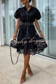 Absolutely Elegant Floral Crochet Lace Puff Sleeve Belted Shirt Midi Dress