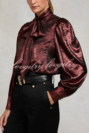 Ariella Metallic Satin Fabric Tie-up Bow Neck Long Sleeve Blouse