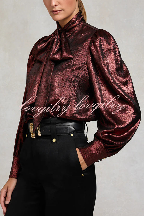 Ariella Metallic Satin Fabric Tie-up Bow Neck Long Sleeve Blouse