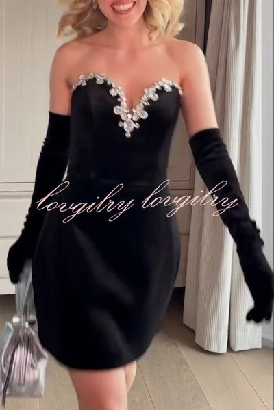 Ines Luxurious Velvet Jewel-encrusted Sweetheart Off Shoulder Neck Tulip Stretch Mini Dress