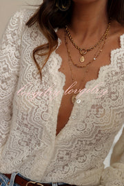 Fashionable Openwork Lace Long-sleeved V-neck Elegant Shirt