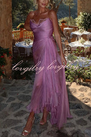 Julie Tulle Lace Trim Off Shoulder Ruched Back Lace-up Drape Slit Maxi Dress