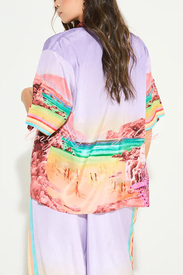 Lilac Sunrise Unique Print Short Sleeve Loose Shirt and Elastic Waist Pocket Pants Set