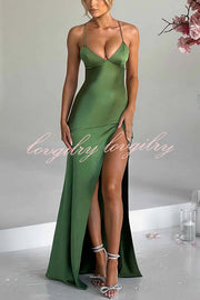 Satin Solid Color Sexy Backless Lace Up High Slit Maxi Dress