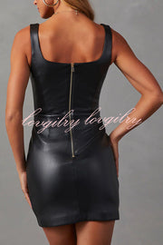 Calibri Faux Leather Square Neck Back Zipper Stretch Mini Dress