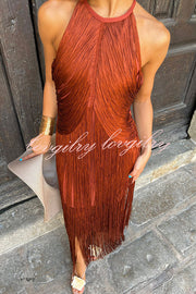 Fashion Sleeveless Halter Neck Elegant Tassel Slim Maxi Dress