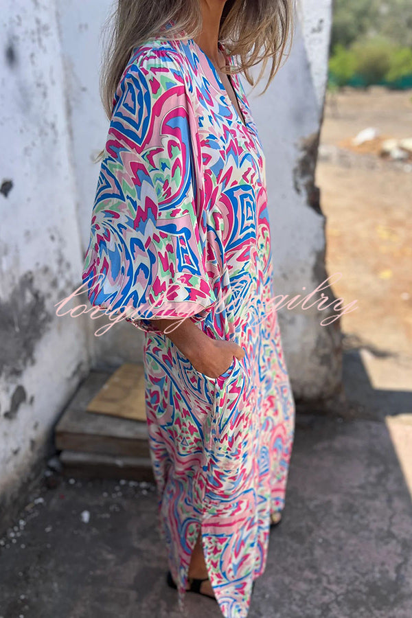 Unique Print V Neck Loose Pocket Holiday Maxi Dress