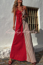 Fashionable Splicing V-neck Suspenders Loose Maxi Dress