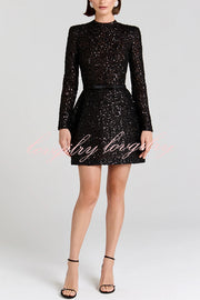 Edie Sequin High Neck Long Sleeve Satin Bow Belted Tulip Mini Dress