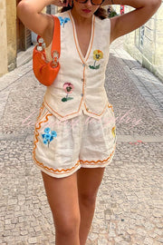 Summer Flower Printed Linen Blend Button Vest and Elastic Waist Pocket Shorts Set