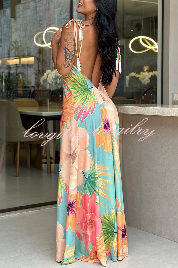 At Beachside Floral Print Halter Tassle Backless A-line Maxi Dress