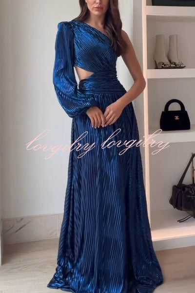 Dazzling Night Metallic Pleated One Shoulder Cutout Balloon Sleeve Gown Maxi Dress