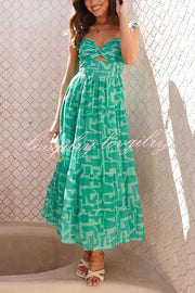 Unique Printed Suspender Tie Back Pleated Midi Dress