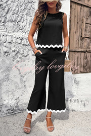 Wave Trimmed Round Neck Buttoned Elastic Waist Pants Suit