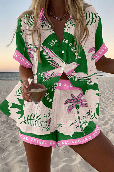 Seagull and Coconut Tree Print Loose Buttoned Elastic Waist Shorts Set